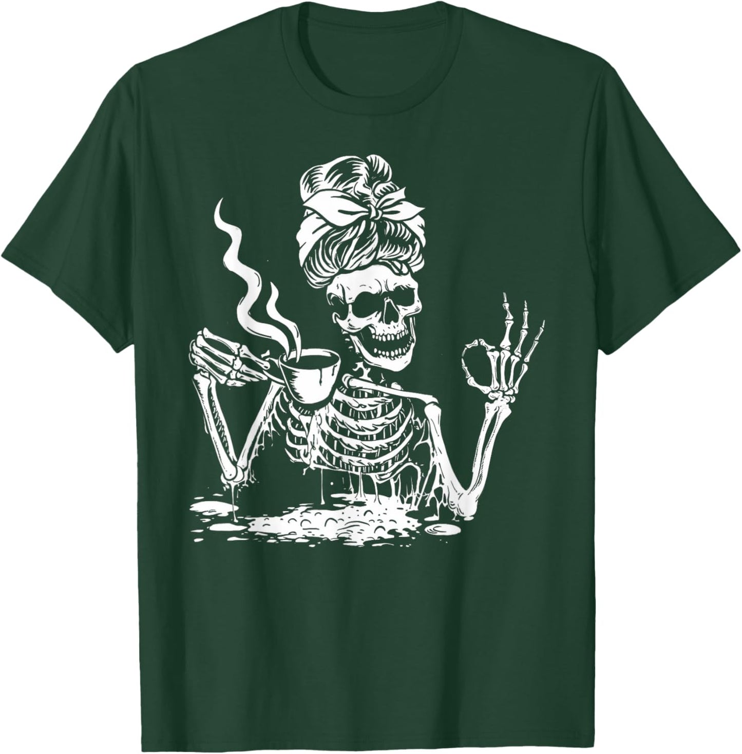 Skeleton Drinking Coffee Messy Bun Women Halloween Skeleton T-Shirt - T-Shirt | Forest