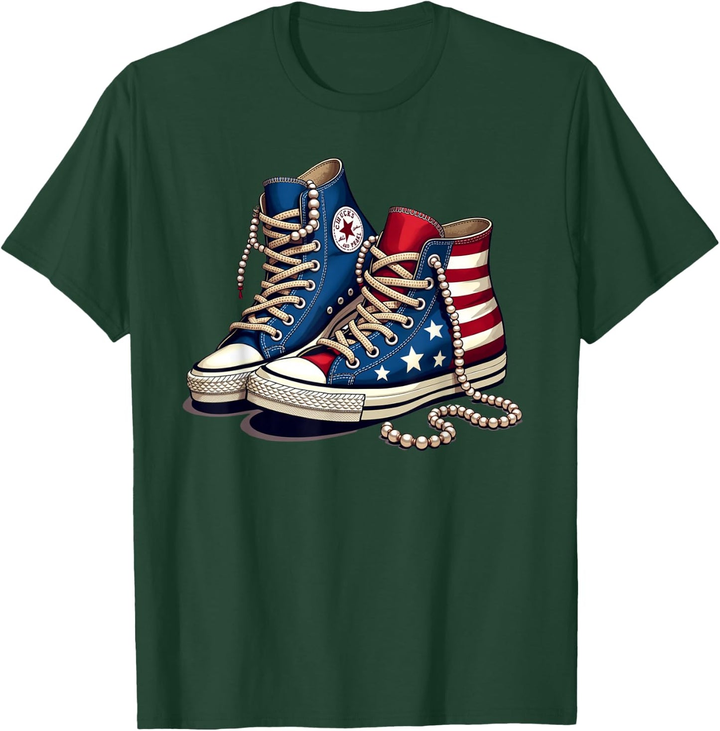 Women Girls Chucks and Pearls Cute Shoes Bling 2024 T-Shirt - T-Shirt | Forest