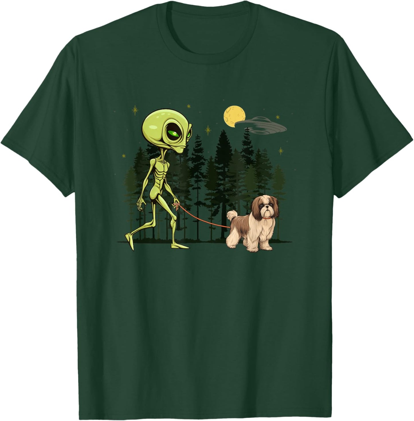 Funny Shih Tzu Alien Walking UFO Pet Dog Mom Dad T-Shirt - T-Shirt | Forest