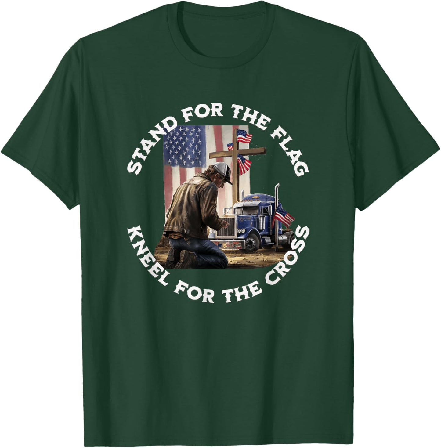 American Trucker Praying At The Cross & US Flag Christian T-Shirt - T-Shirt | Forest