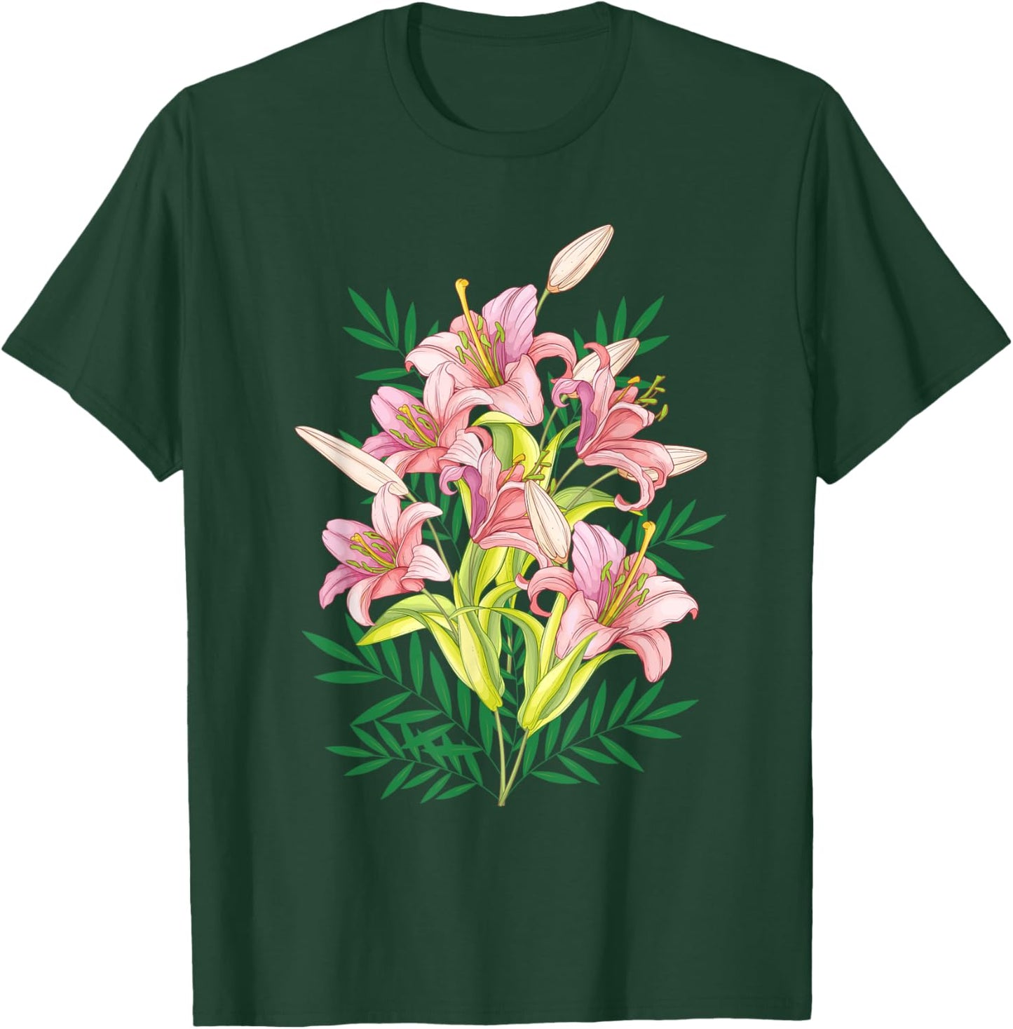 Variety of Lillies Graphic Flower Print Flowered T-Shirt - T-Shirt | Forest