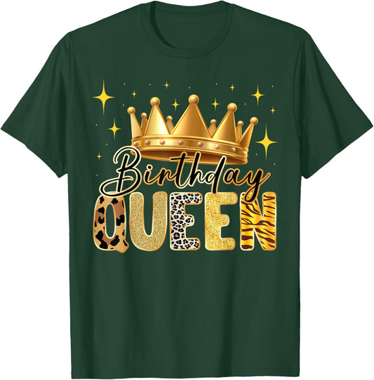 Birthday Queen Animal Print Style with Crown and Stars T-Shirt - T-Shirt | Forest