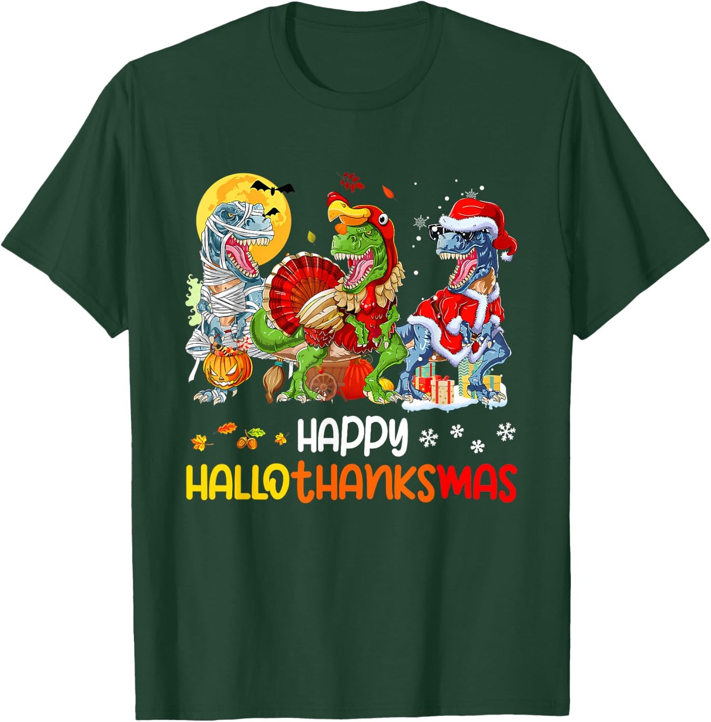 Happy Hallothanksmas Thanksgiving Dinosaur T Rex Turkey T-Shirt - T-Shirt | Forest