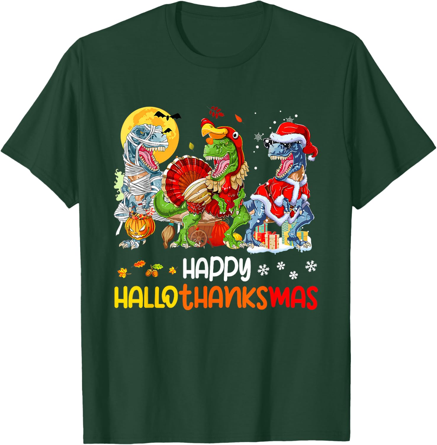 Happy Hallothanksmas Thanksgiving Dinosaur T Rex Turkey T-Shirt - T-Shirt | Forest