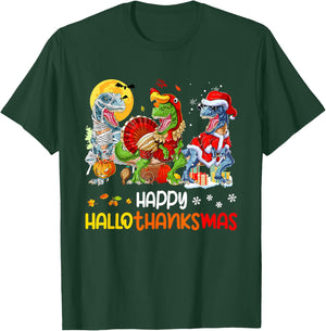 Happy Hallothanksmas Thanksgiving Dinosaur T Rex Turkey T-Shirt - T-Shirt | Forest