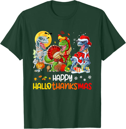 Happy Hallothanksmas Thanksgiving Dinosaur T Rex Turkey T-Shirt - T-Shirt | Forest