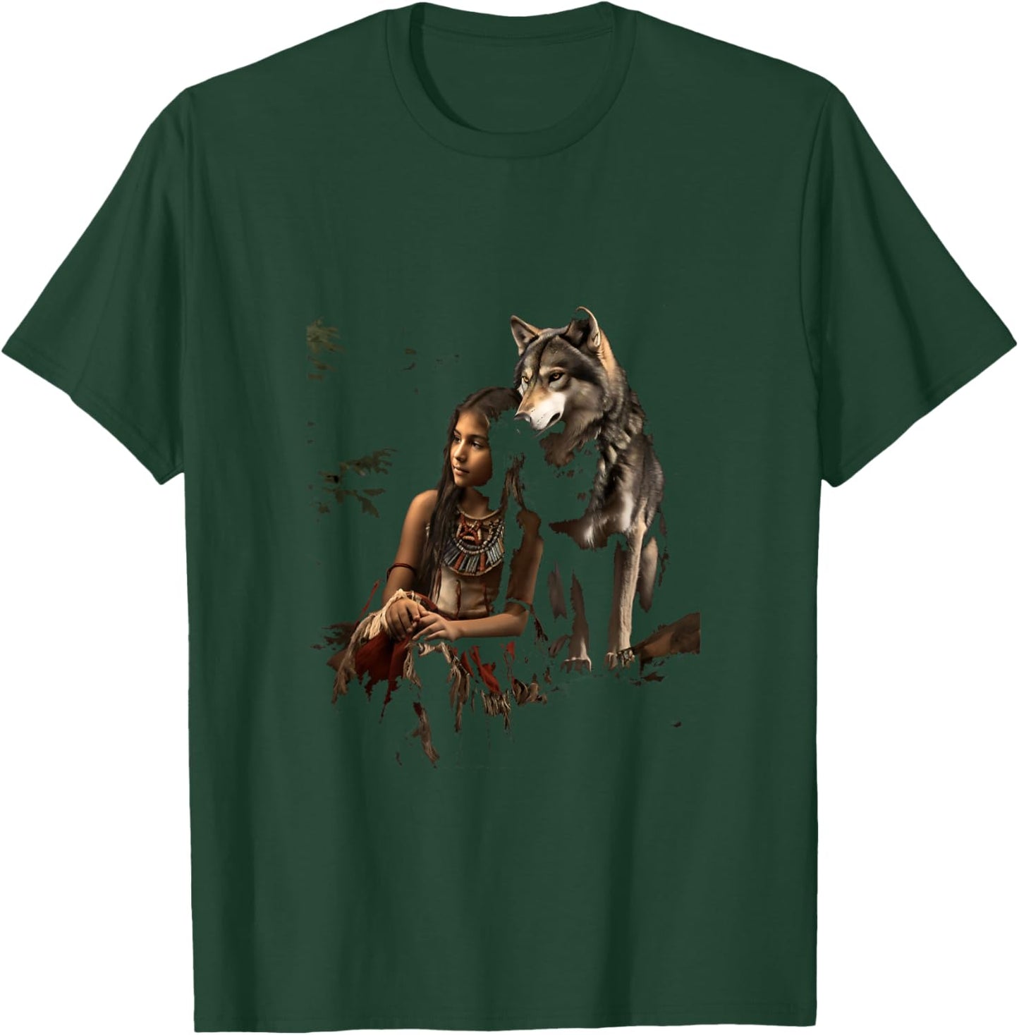 Wolf and Indian Woman Girl Indigenous Ethnic Indians T-Shirt - T-Shirt | Forest