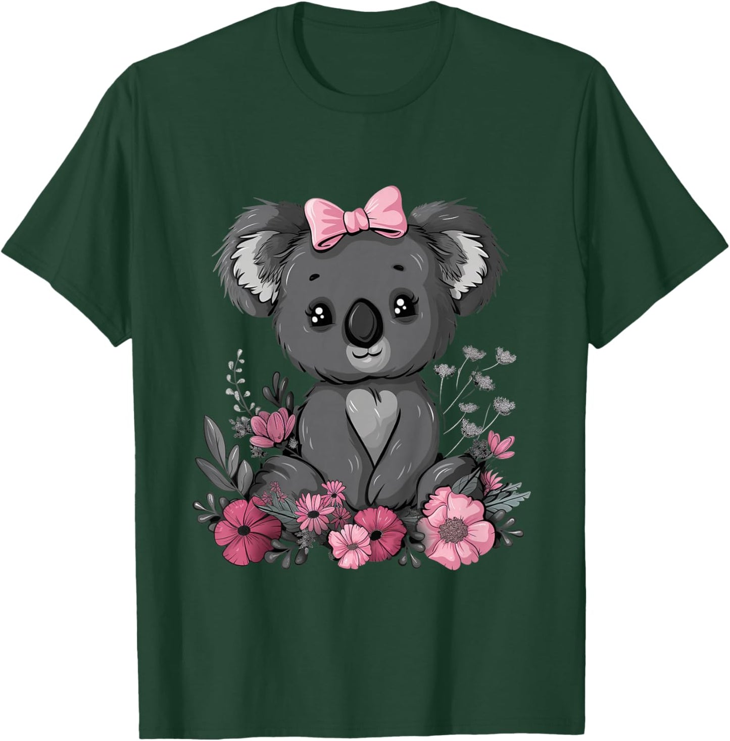 Koala Cute Kawaii Koala Bear Pink Bow Flowers Girls Kids T-Shirt - T-Shirt | Forest