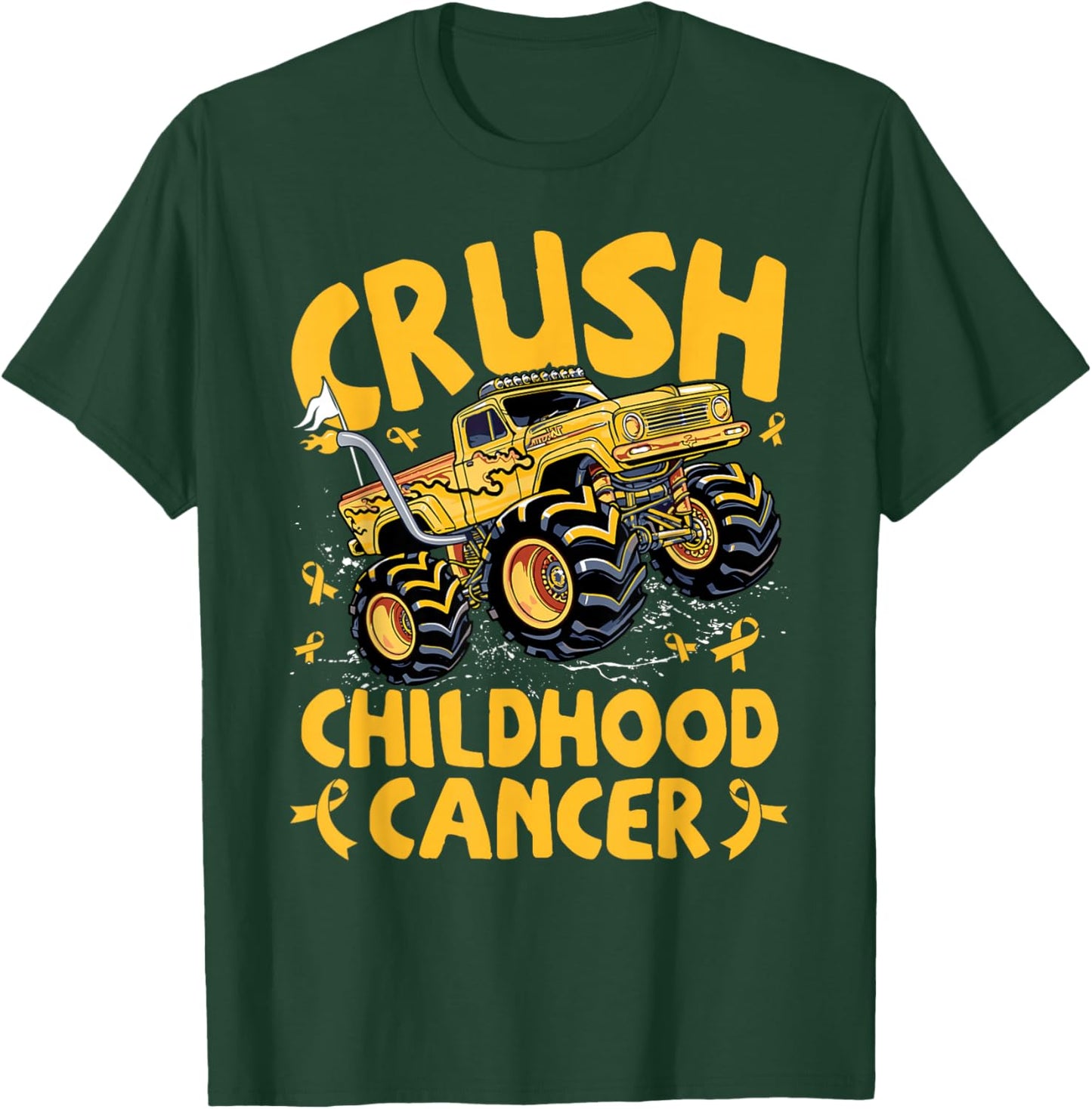 Crush Childhood Cancer Awareness Monster Truck Gold Ribbon T-Shirt - T-Shirt | Forest
