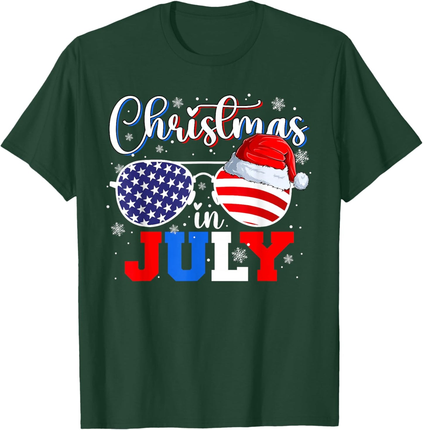 Christmas in July Santa Hat Sunglasses USA Flag 4th of July T-Shirt - T-Shirt | Forest