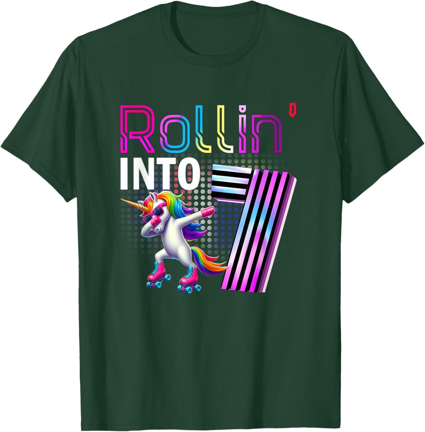 Rollin' into 7 Roller Skating Unicorn 7th Birthday Party T-Shirt - T-Shirt | Forest