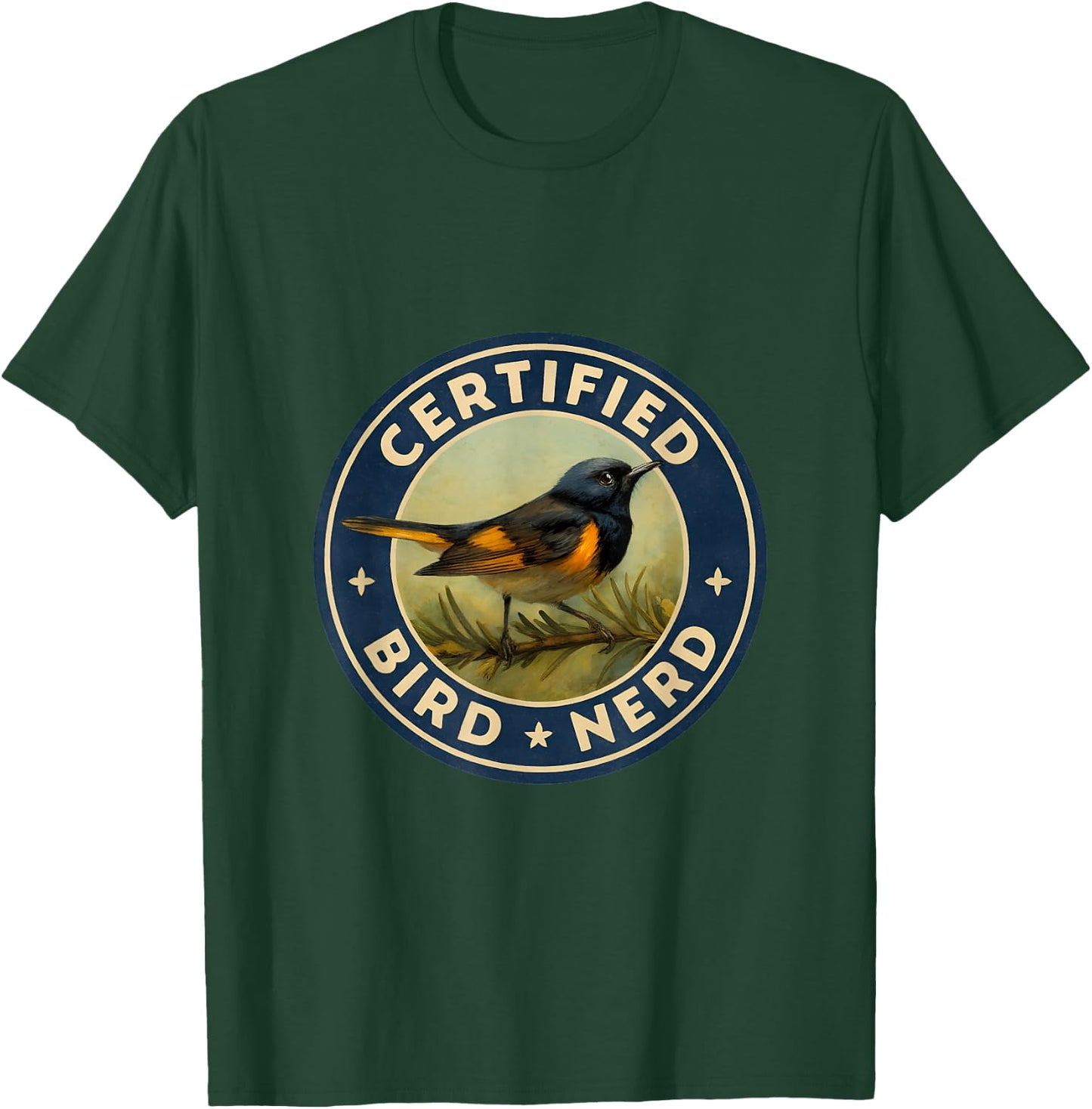 Certified Bird Nerd – American Redstart Vintage Badge T-Shirt - T-Shirt | Forest