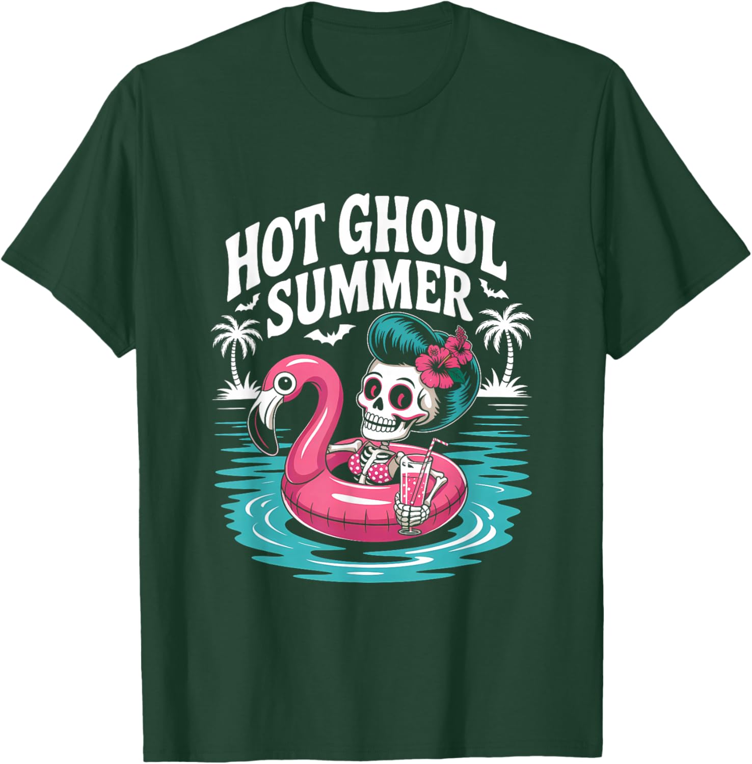 Hot Ghoul Summer Funny Cute Skeleton Flamingo Pool Party T-Shirt - T-Shirt | Forest