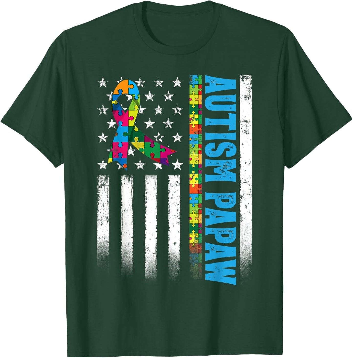 Retro American Flag Autism Papaw Awareness Autistic T-Shirt - T-Shirt | Forest