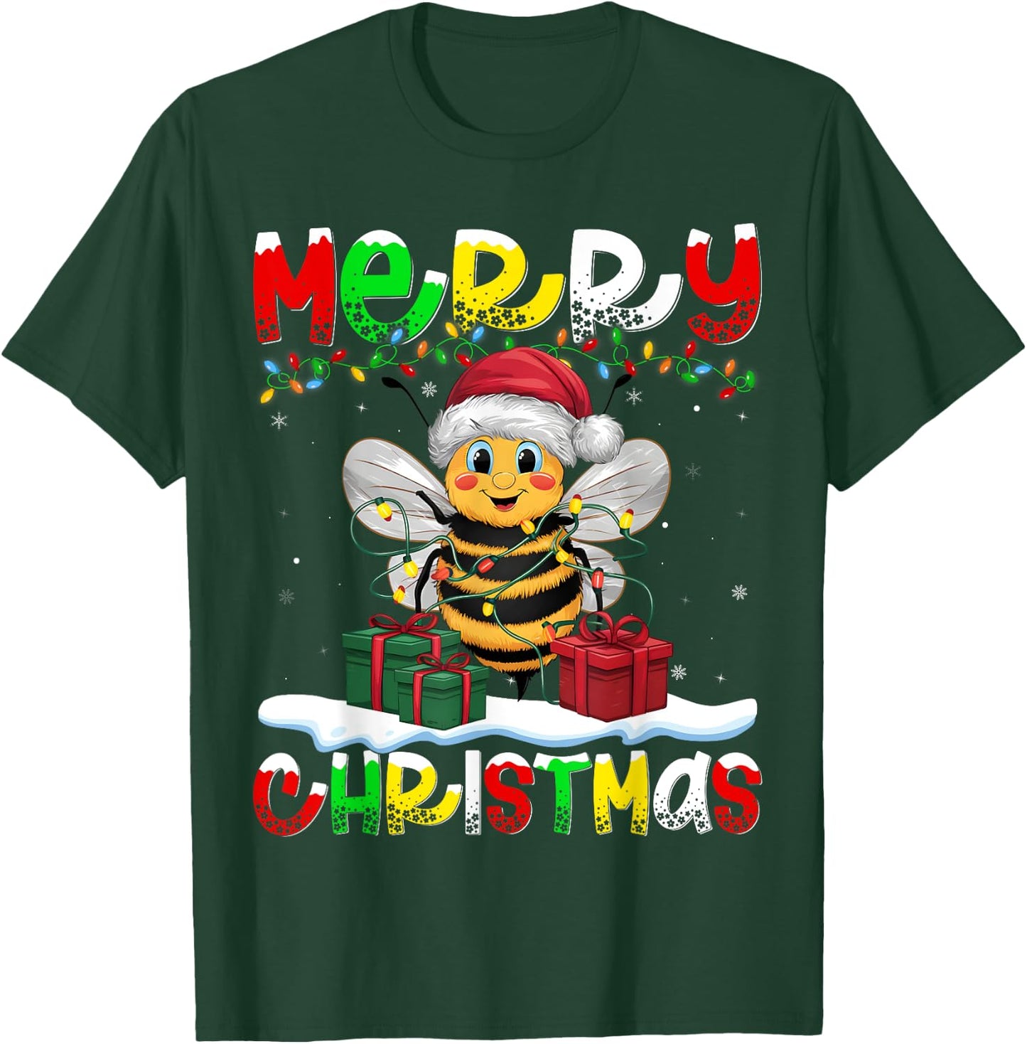 Xmas Lighting Santa Hat Bee Merry Christmas T-Shirt - T-Shirt | Forest