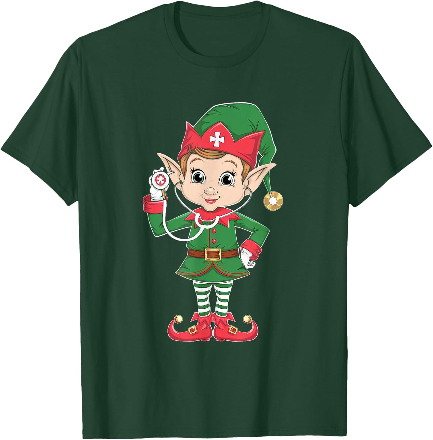 Cute Elf Nurse Scrub Tops Christmas Stethoscope Nursing Girl T-Shirt - T-Shirt | Forest