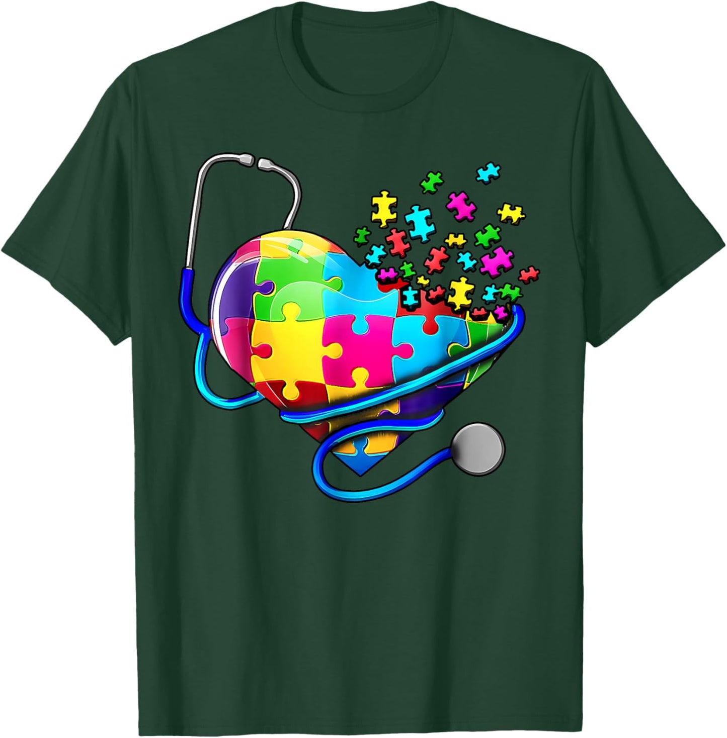 Autism Awareness Nurse Stethoscope Heart ASD Scrub Top Women T-Shirt - T-Shirt | Forest