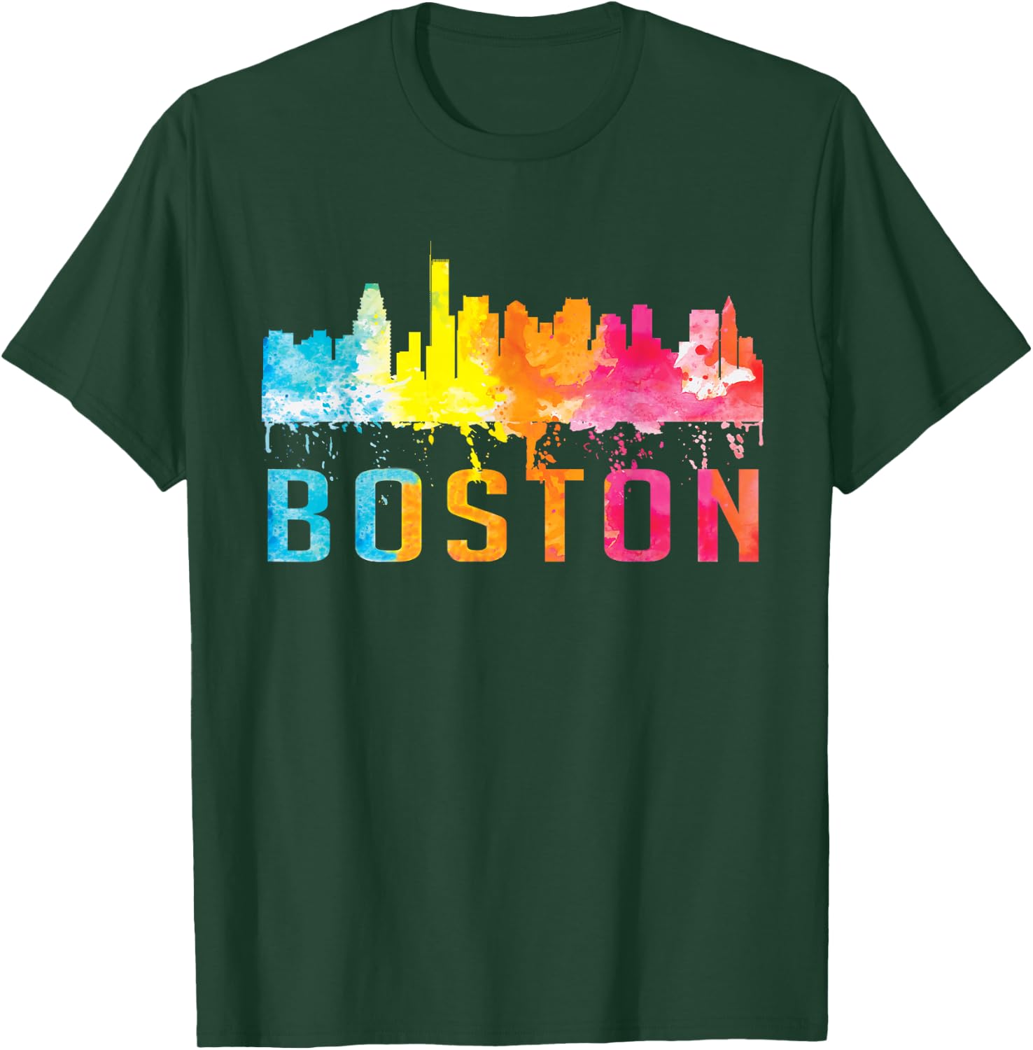 Boston Massachusetts Retro Watercolor Skyline Souvenir T-Shirt - T-Shirt | Forest