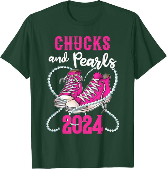 Chucks And Pearls I'm With Her Kamala 2024 President T-Shirt - T-Shirt | Forest