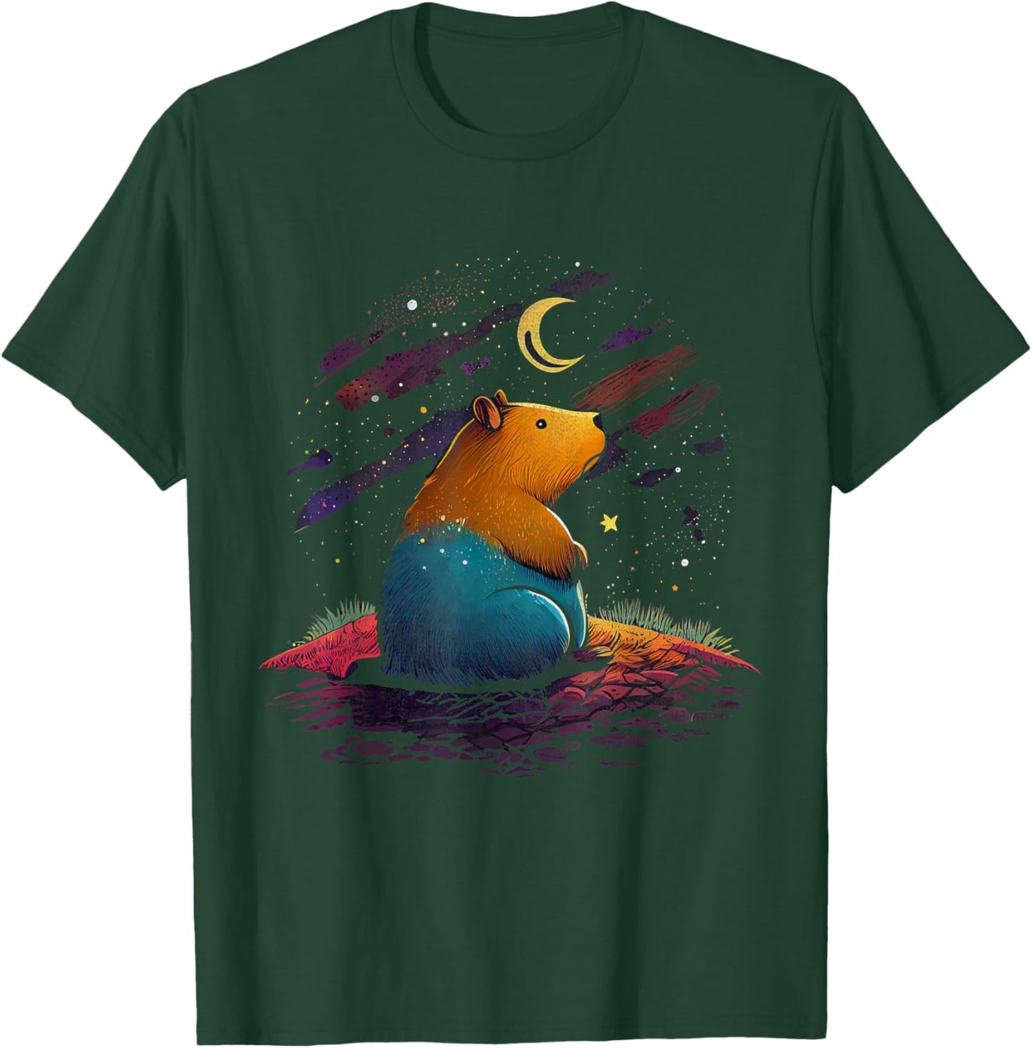 Capybara Moon Space Retro Water Hog Chiguire Guinea Pig T-Shirt - T-Shirt | Forest