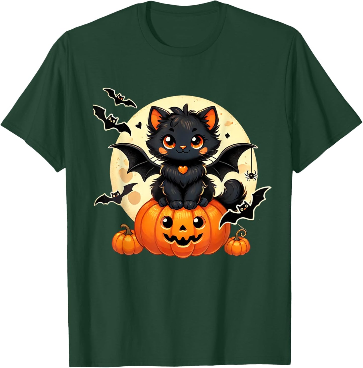 Cute Black Cat With Bat Wings Pumpkin Women Men Halloween T-Shirt - T-Shirt | Forest