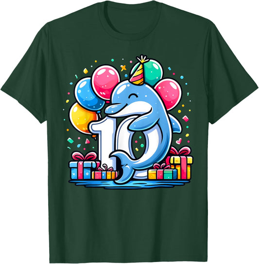 Kids Dolphin Theme tenth Bday Party 10th Dolphin Birthday T-Shirt - T-Shirt | Forest