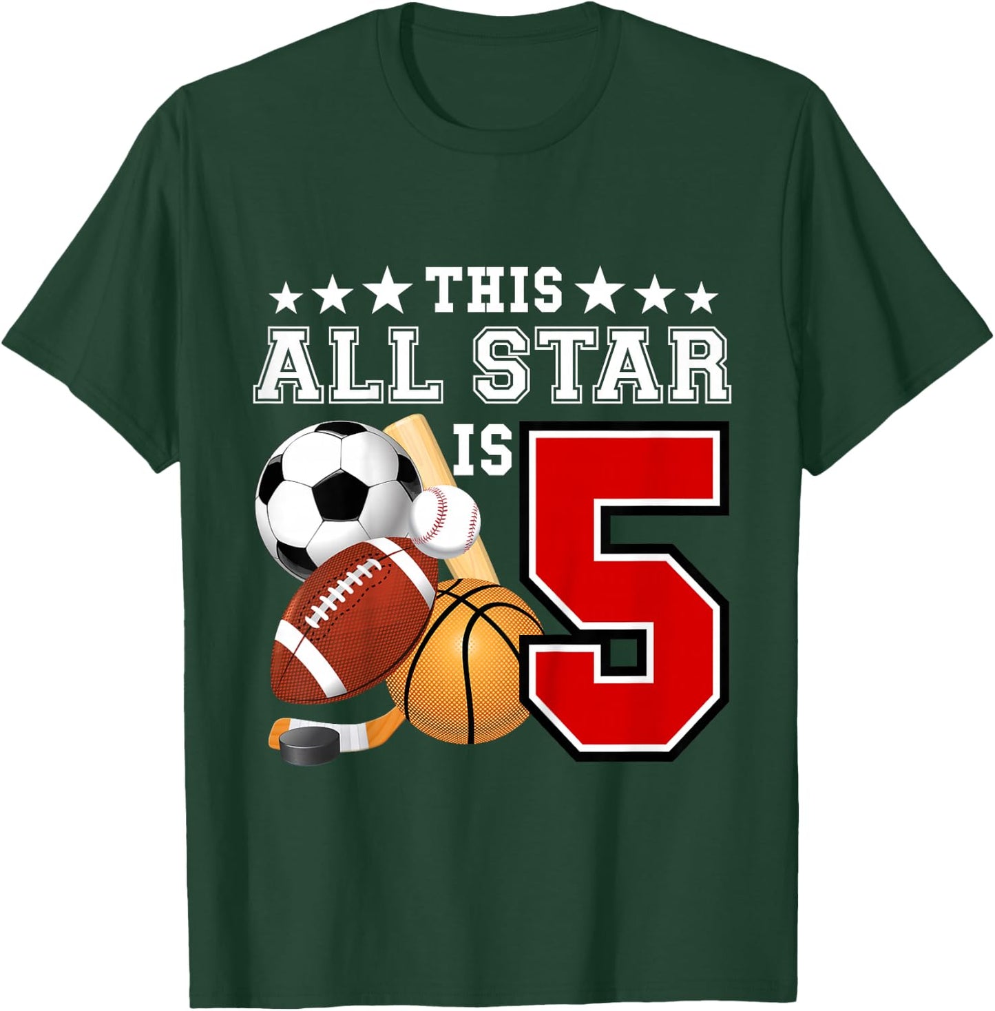 Kids 5 Year Old Sports Star Birthday Party All Sport 5th Gift T-Shirt - T-Shirt | Forest