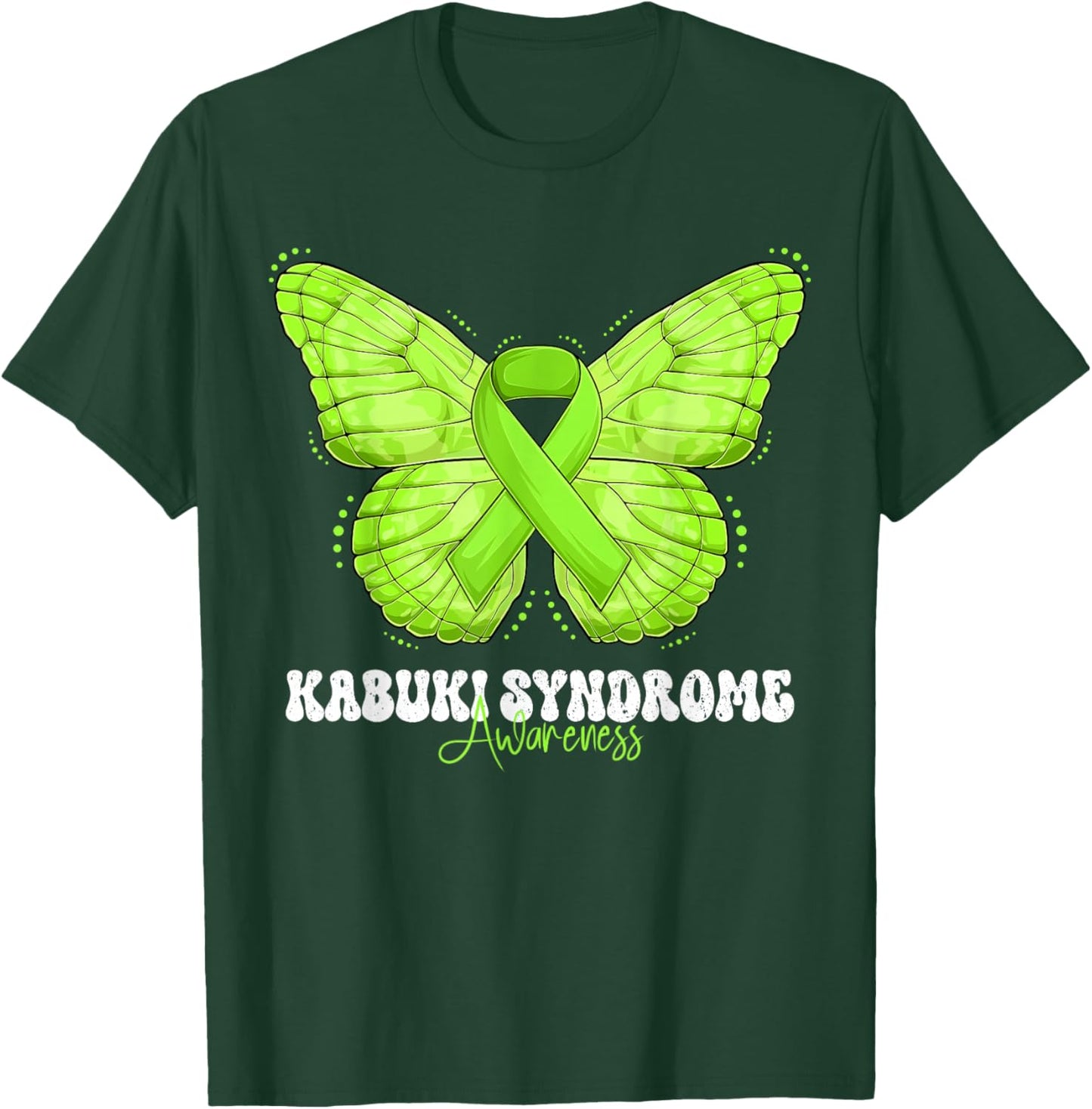 Kabuki Syndrome Awareness Month Lime Green Ribbon Butterfly T-Shirt - T-Shirt | Forest