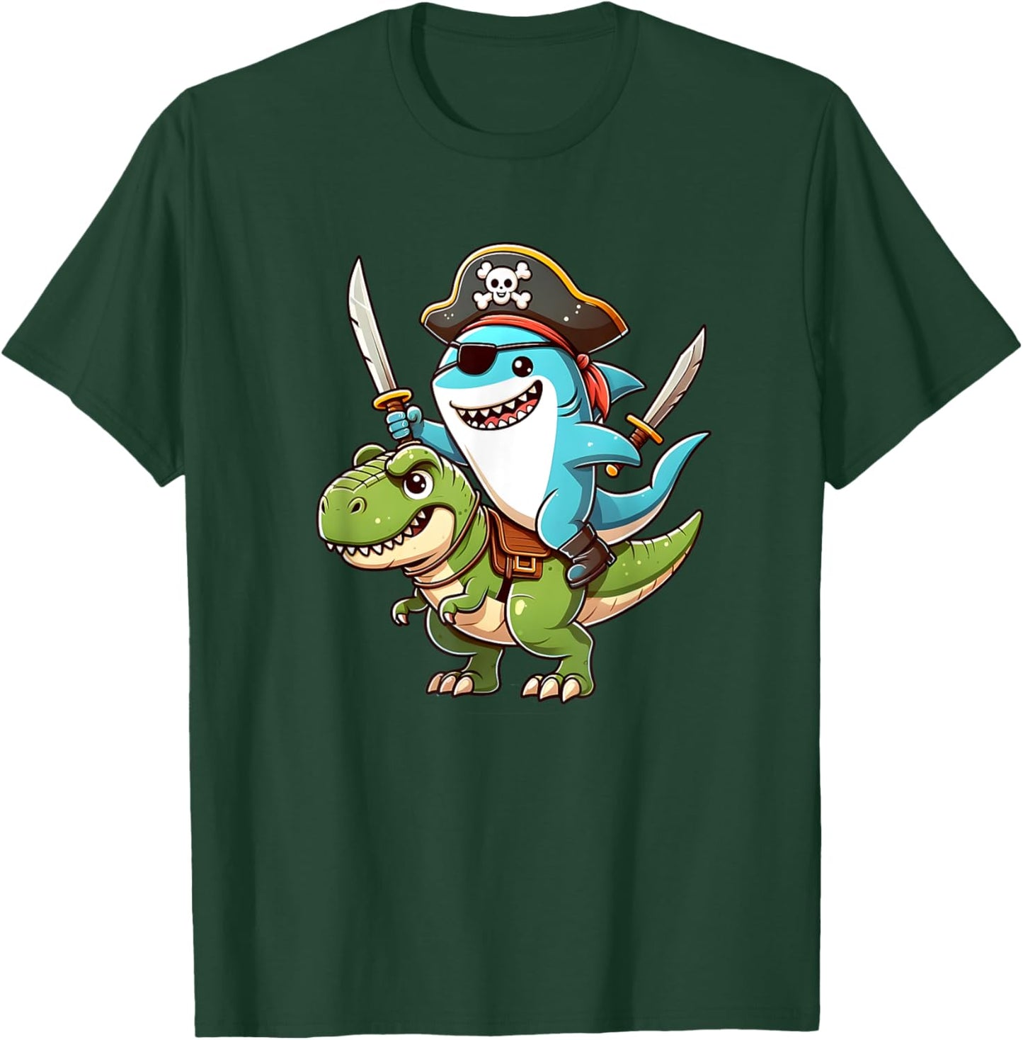 Funny shark ride T Rex in a Pirate Costume T-Shirt - T-Shirt | Forest