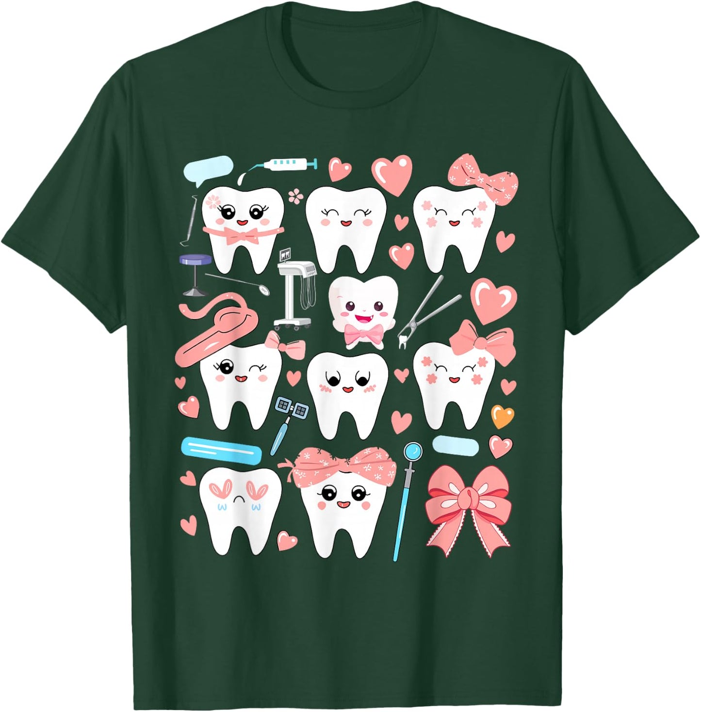 Pink Coquette Bow Cute Teeth Dentist Squad Dental Assistant T-Shirt - T-Shirt | Forest