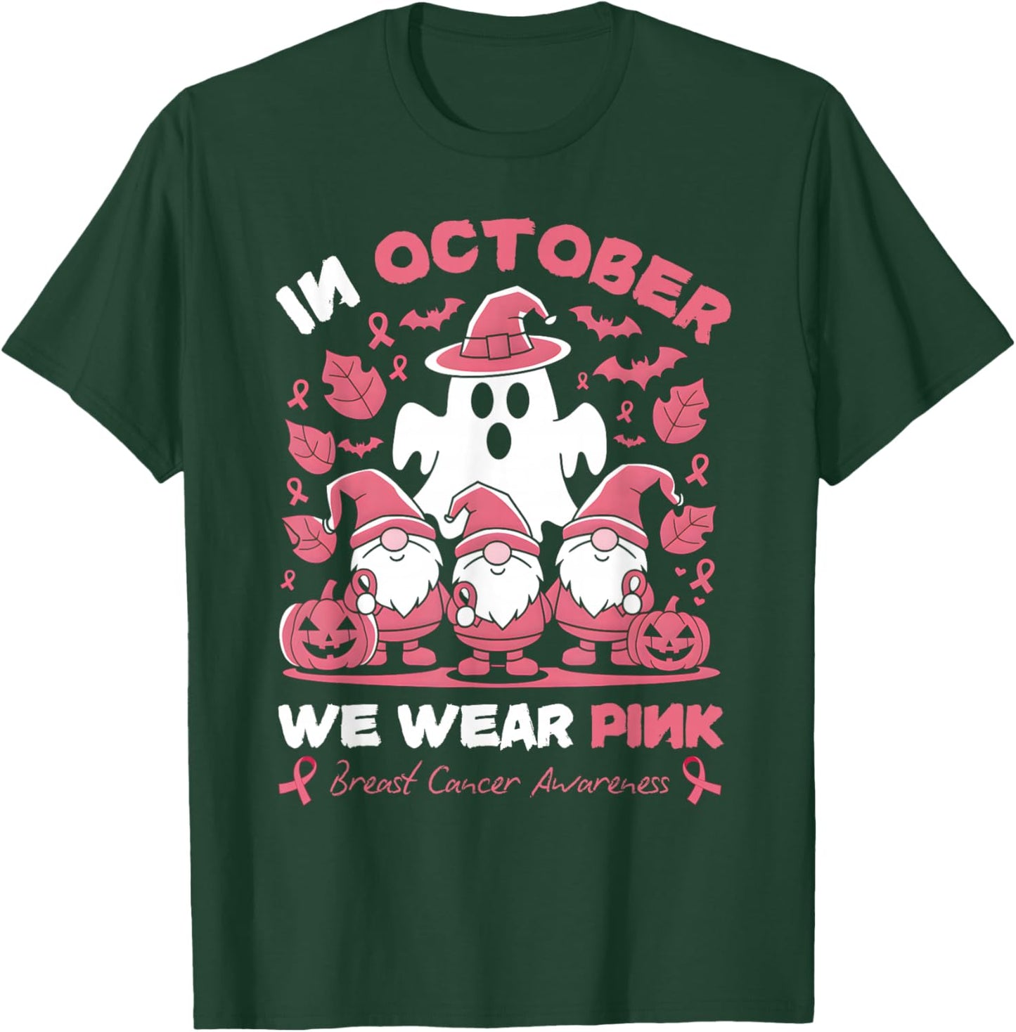 In October We Wear Pink Gnomes Ghost Breast Cancer Awareness T-Shirt - T-Shirt | Forest