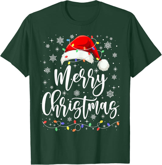 Merry Christmas Lights Red Santa Hat Xmas Family Men Women T-Shirt - T-Shirt | Forest
