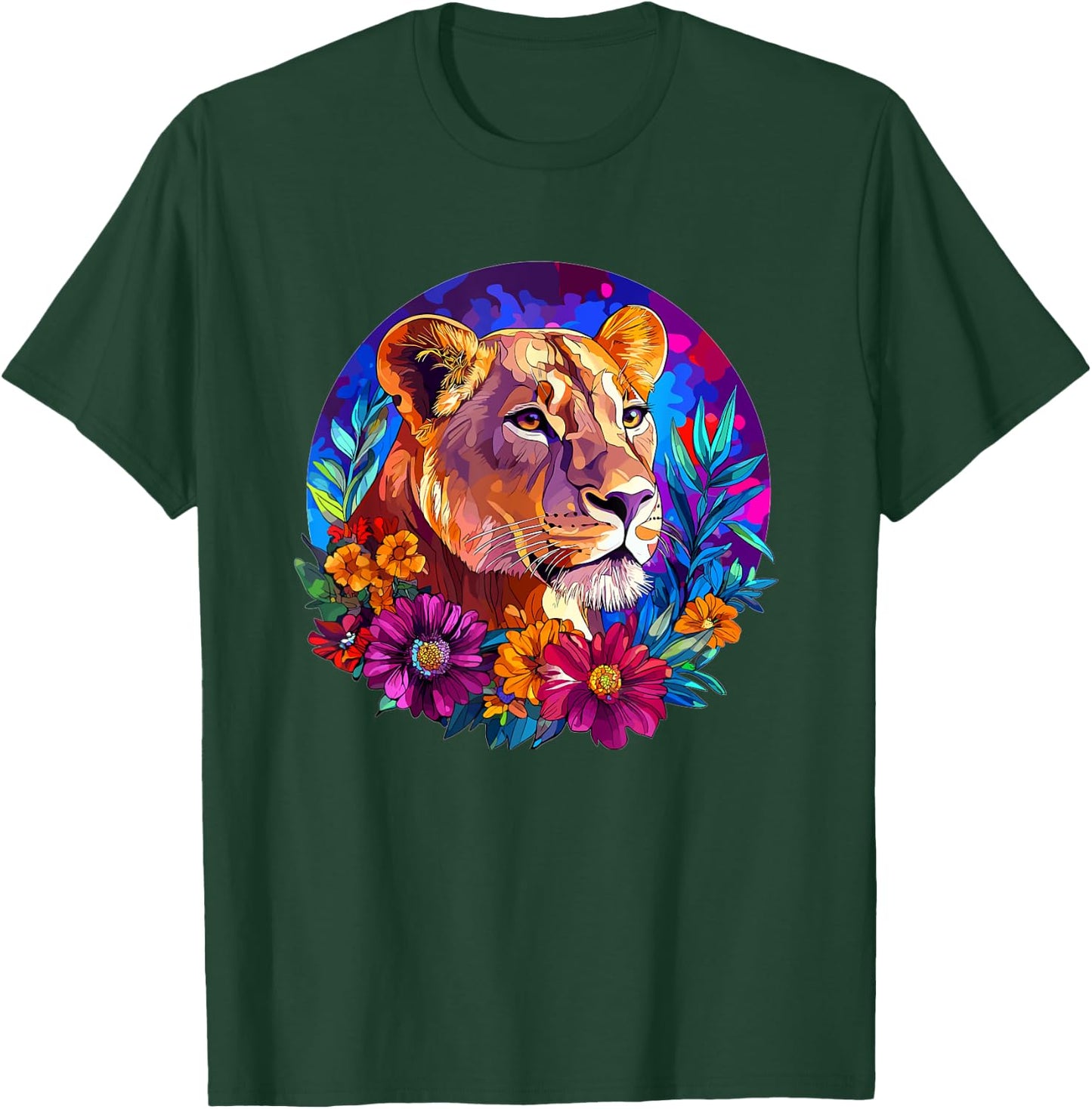 Lioness in Vibrant Floral Jungle T-Shirt - T-Shirt | Forest