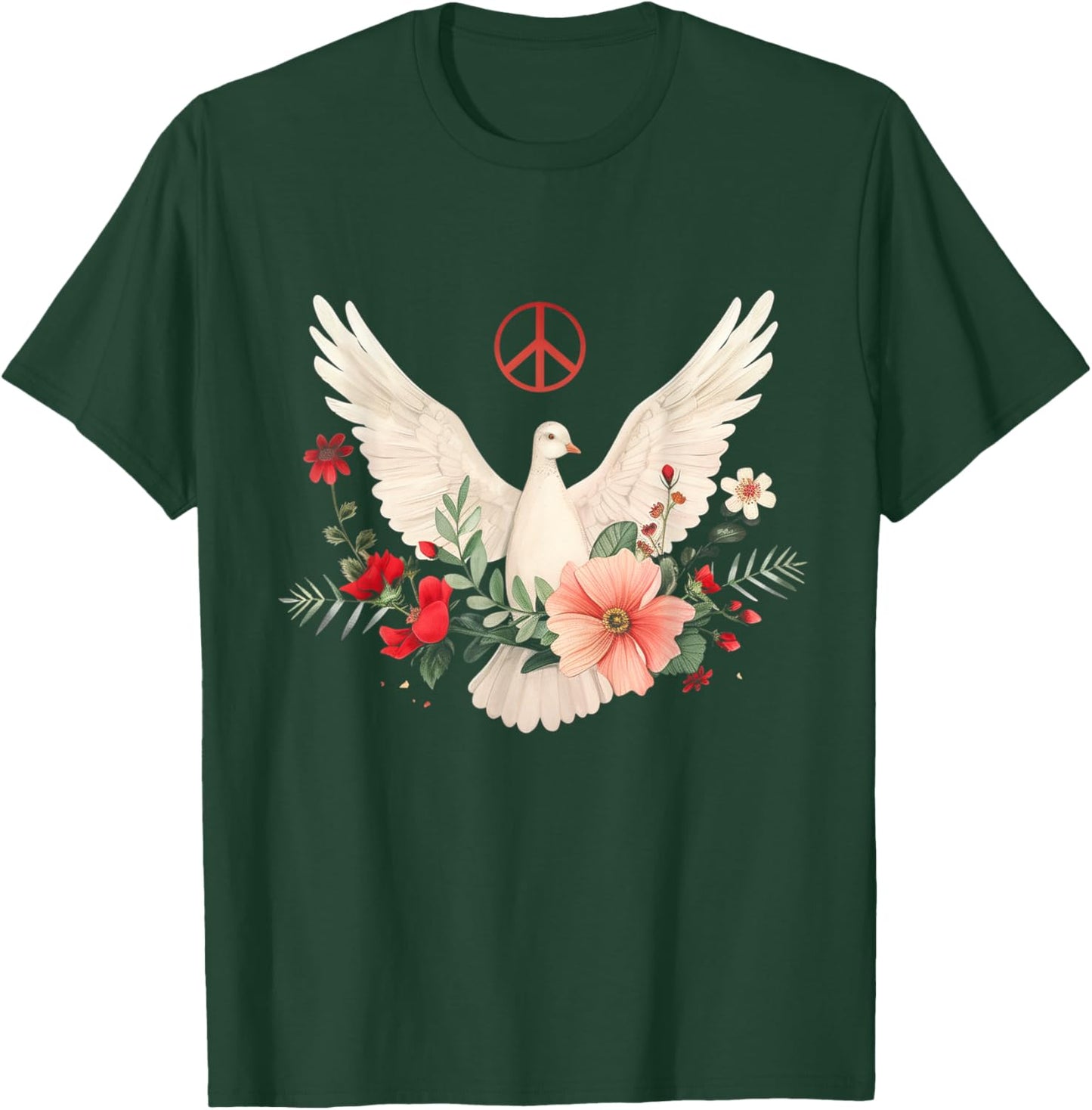 Peace Sign Dove White Pigeon Bird Vintage Flowers T-Shirt - T-Shirt | Forest