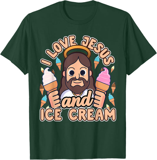 I Love Jesus And Ice Cream Christian Dessert Quote Gift T-Shirt - T-Shirt | Forest