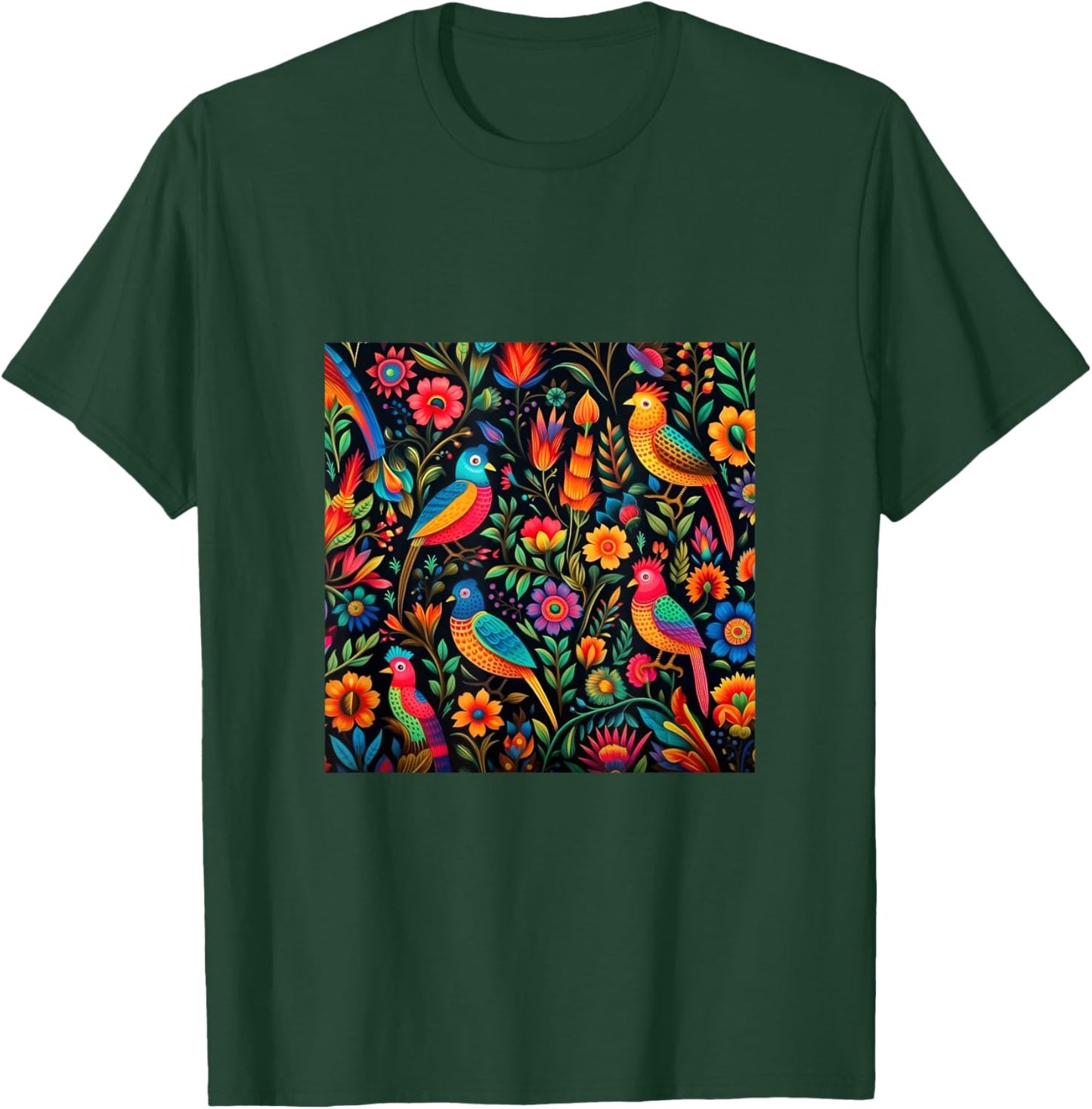 Mexican Embroidery Pattern Art Birds Flowers T-Shirt - T-Shirt | Forest