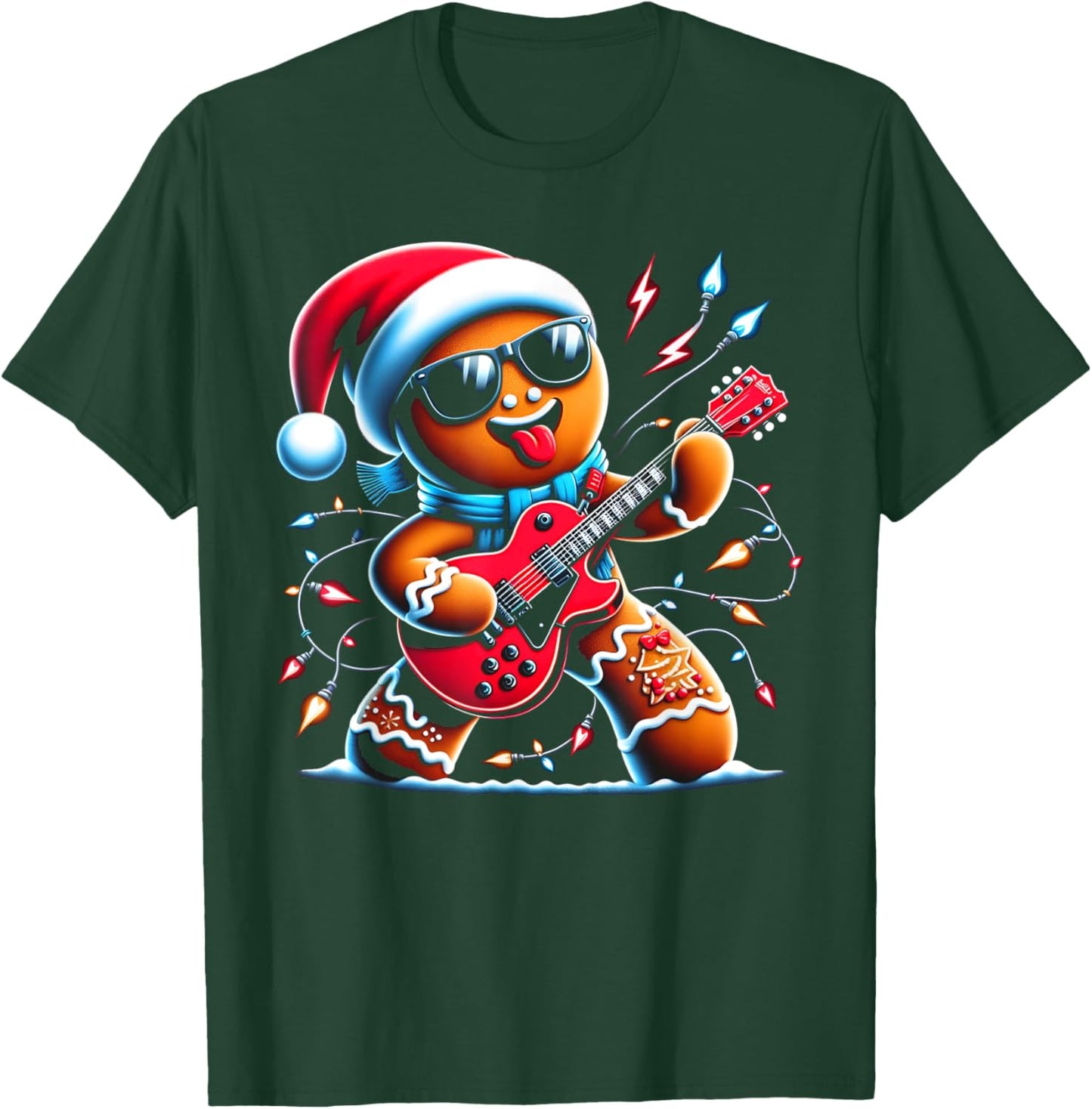 Rock Guitar Gingerbread Playing Guitar -Funny Christmas Kids T-Shirt - T-Shirt | Forest