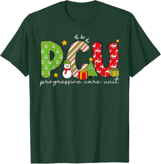 Retro PCU Progressive Care Unit Nurse Christmas Holiday T-Shirt - T-Shirt | Forest