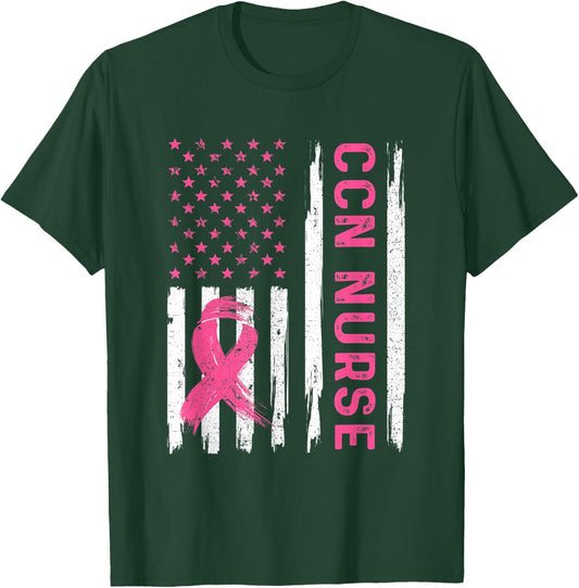 CCN Nurse American Flag Nurse Breast Cancer Awareness T-Shirt - T-Shirt | Forest