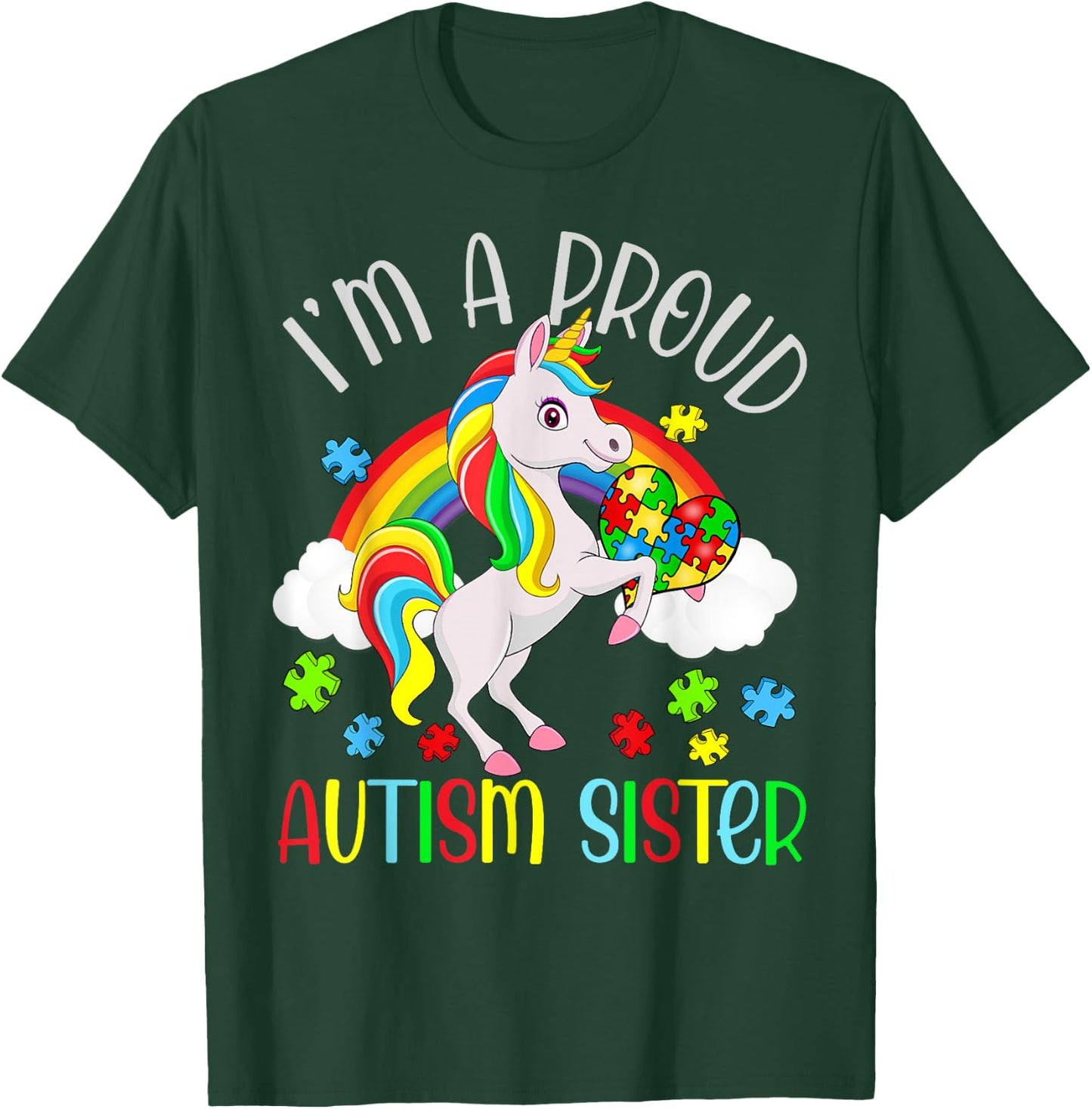 Proud Sister Autism Awareness Cute Unicorn Puzzle Piece T-Shirt - T-Shirt | Forest