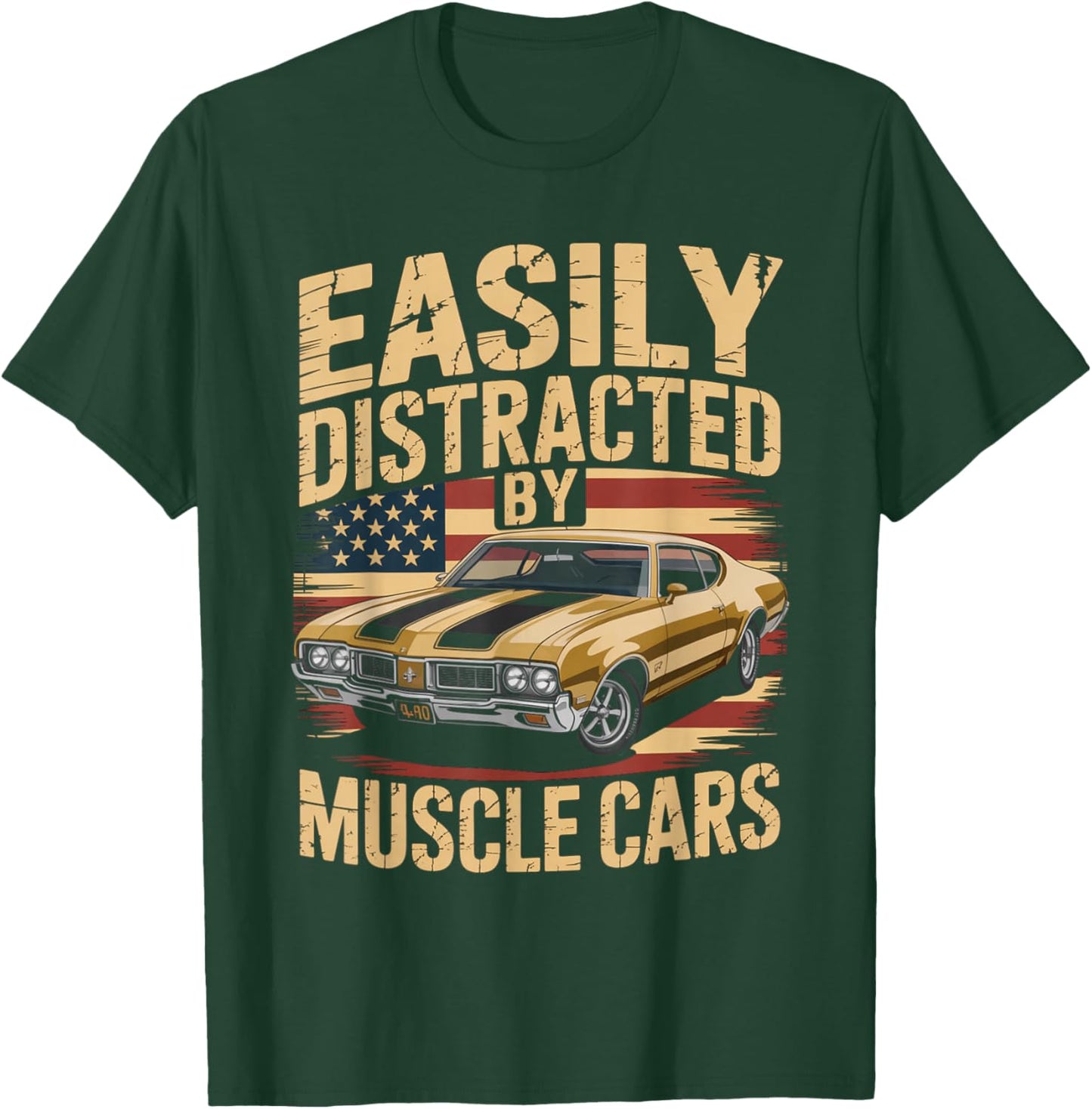 Easily Distracted By Muscle Cars Retro Ride Vibe Auto Fans T-Shirt - T-Shirt | Forest