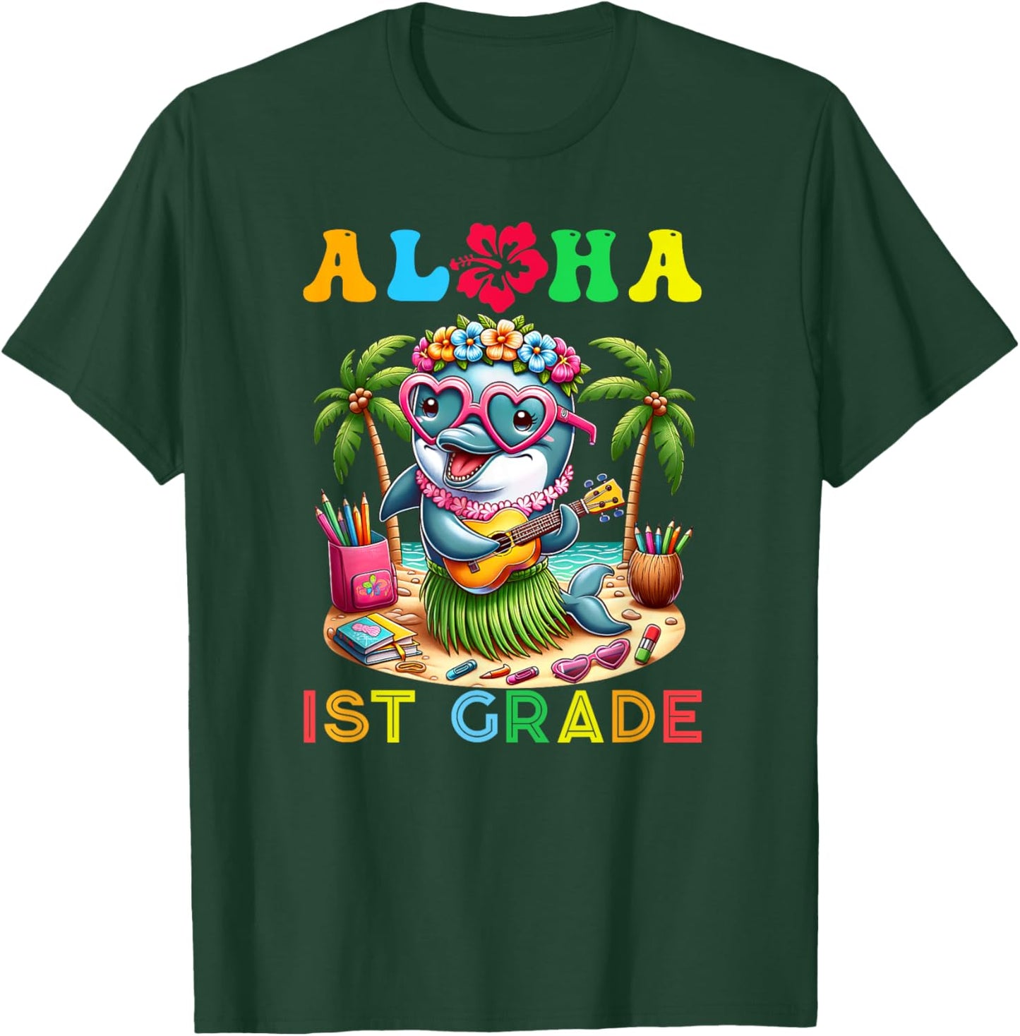 Aloha First Grade Dolphin Hawaii Back to School Kids Girl T-Shirt - T-Shirt | Forest