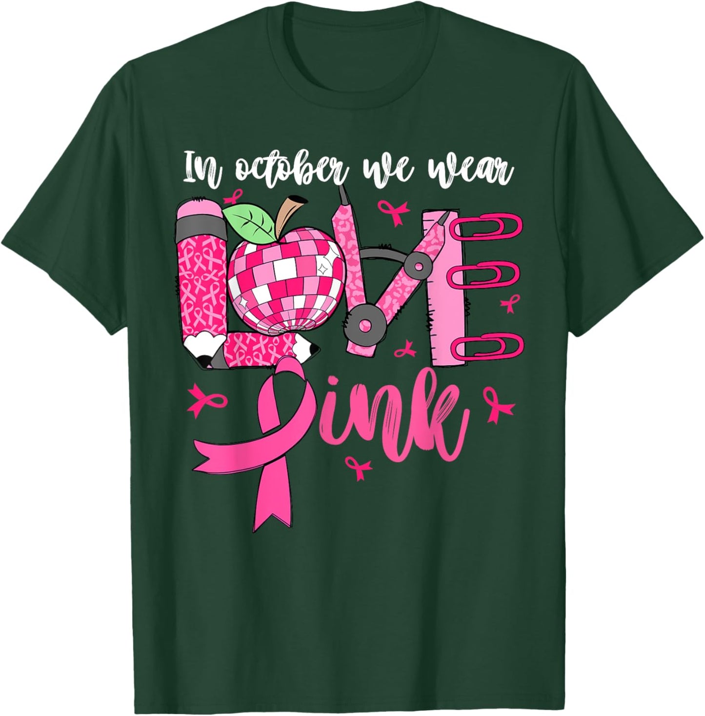 In October We Wear Pink LOVE Teacher Leopard Breast Cancer T-Shirt - T-Shirt | Forest