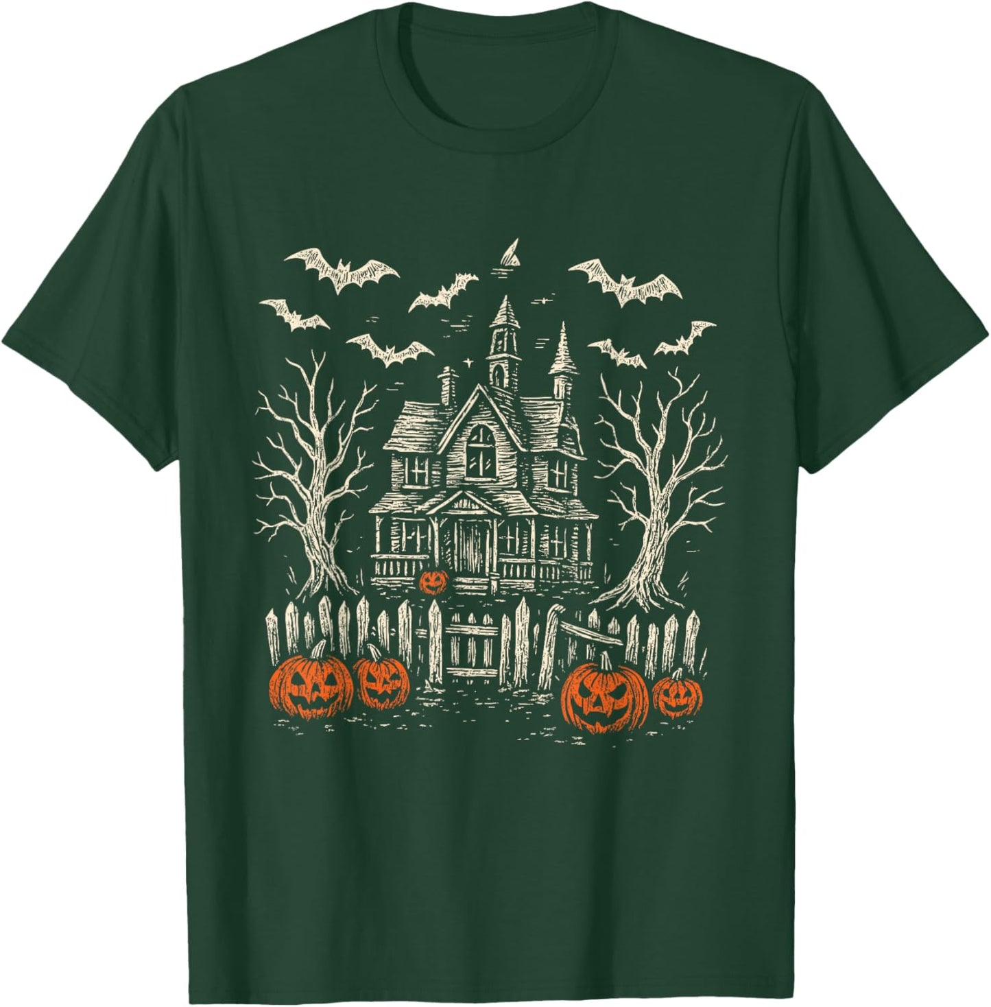 Vintage Haunted Creepy House Halloween Spooky Pumpkin T-Shirt - T-Shirt | Forest