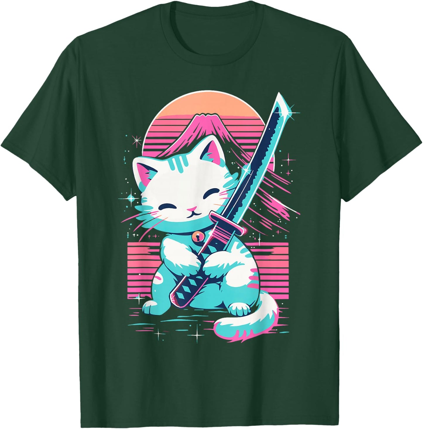 Cat With Katana Sword Japan Cat Samurai Japanese T-Shirt - T-Shirt | Forest