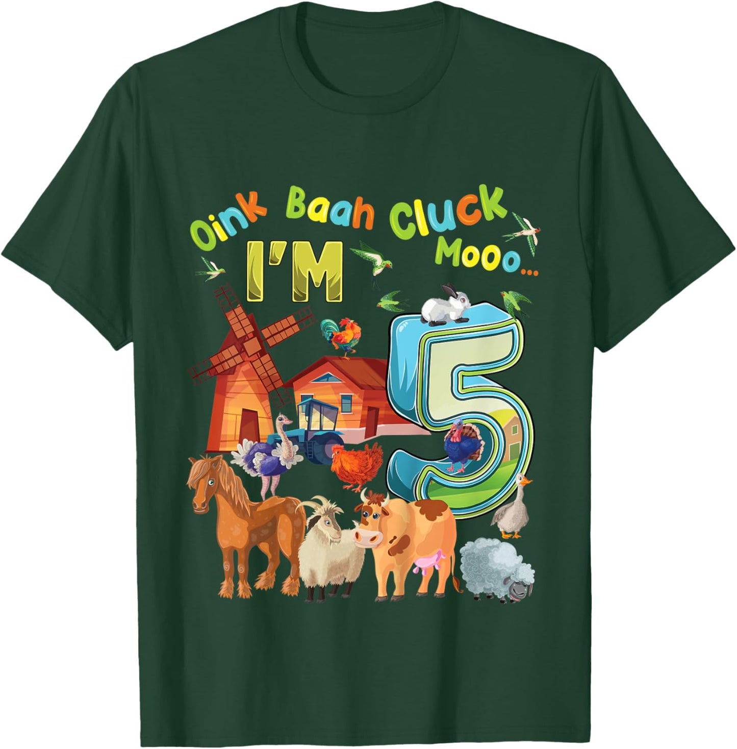 Kids Barnyard 5th Birthday Farm Animals 5 Years Old Farming T-Shirt - T-Shirt | Forest