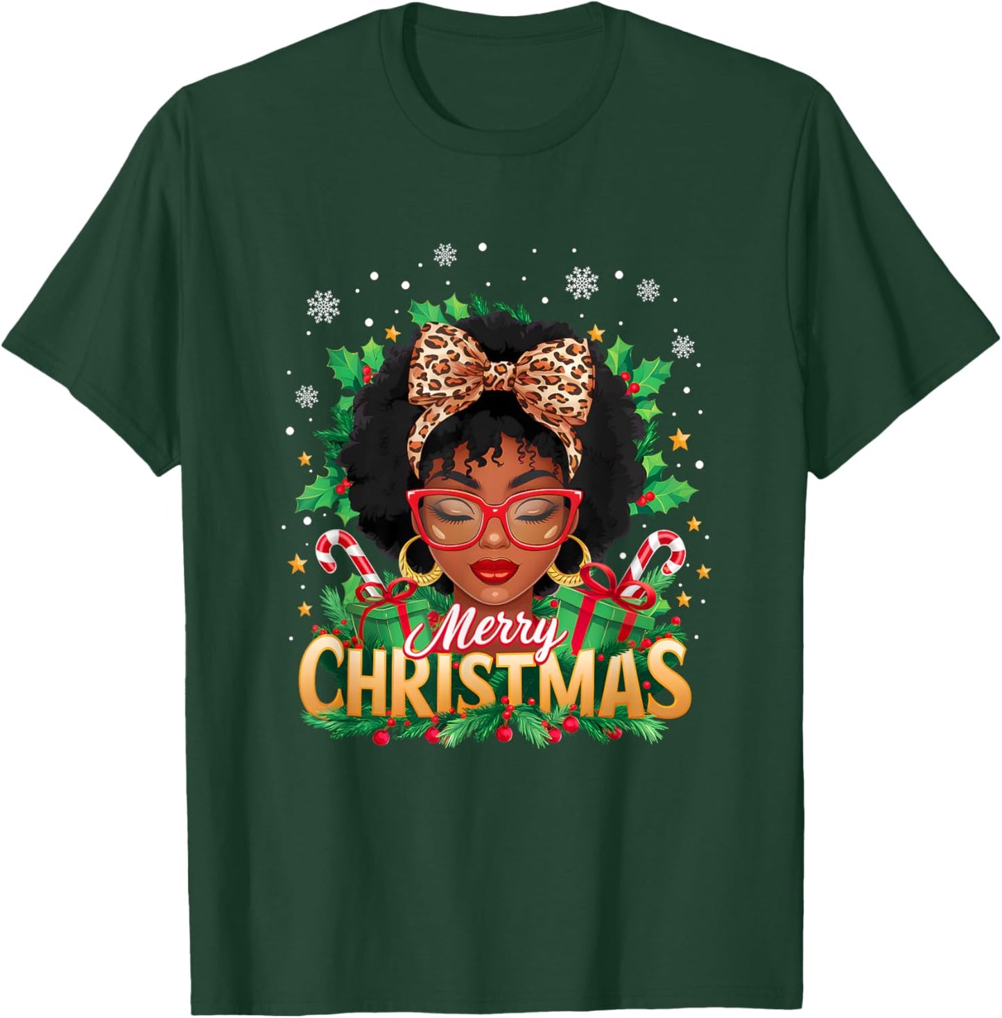 Merry Christmas African American Black Women Afro Messy Bun T-Shirt - T-Shirt | Forest