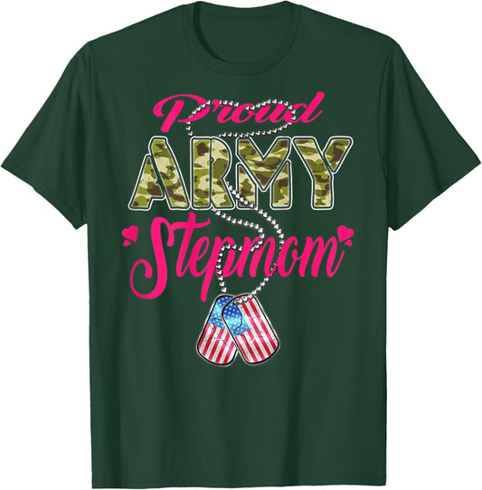 Proud Army Stepmom US Flag Camo Dog Tags Military Stepmother Women T-Shirt - T-Shirt | Forest