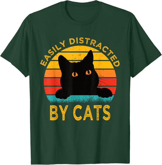 Easily Distracted By Cats Vintage Funny Cat T-Shirt - T-Shirt | Forest