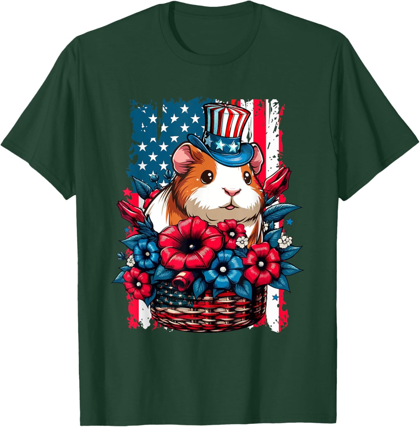 Guinea Pig Inside Flowers Basket 4th July US Flag Patriotic T-Shirt - T-Shirt | Forest